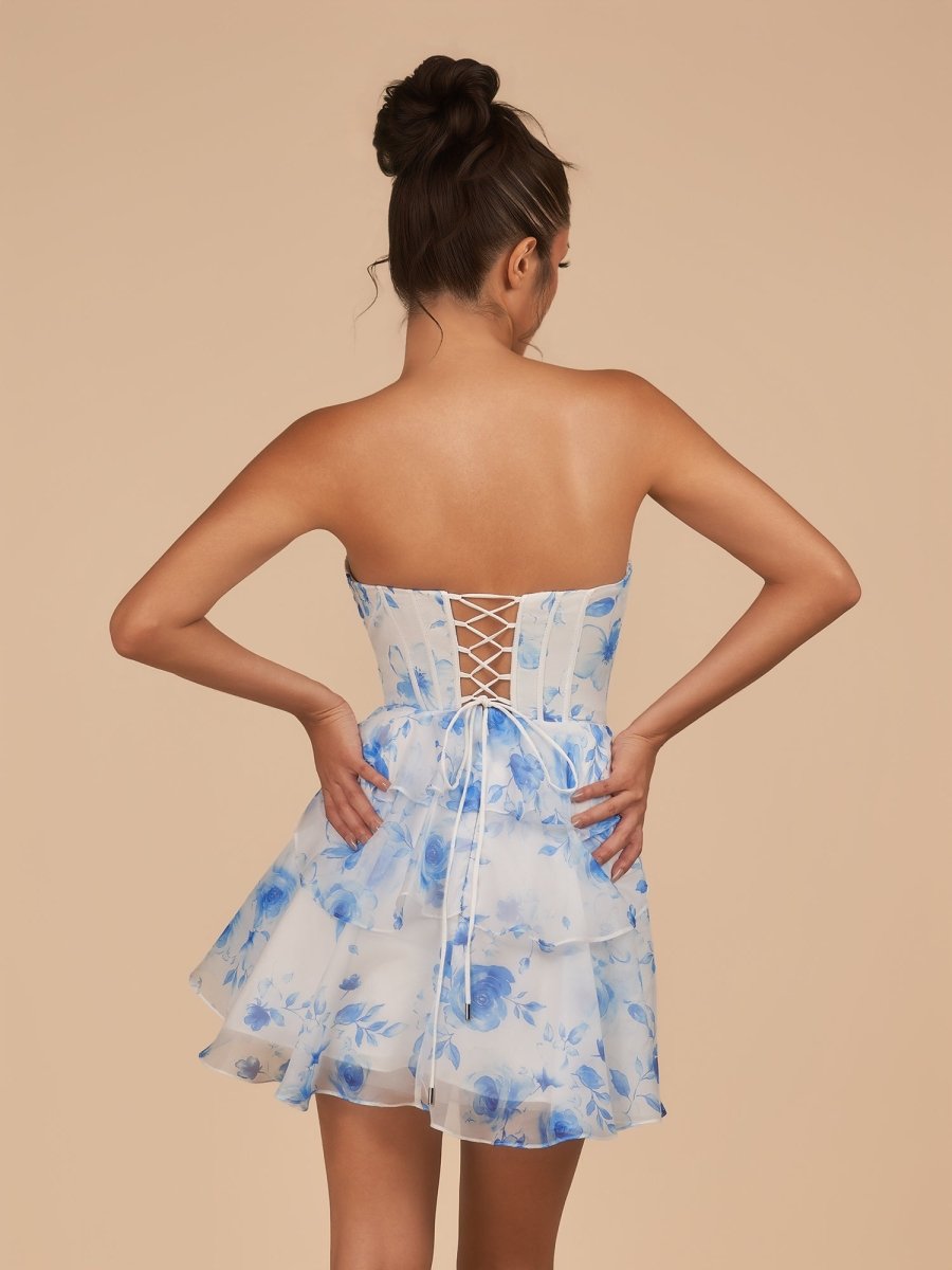 Crisa | Blue - A Line Strapless Floral Chiffon Homecoming Dress with Beads - KissProm
