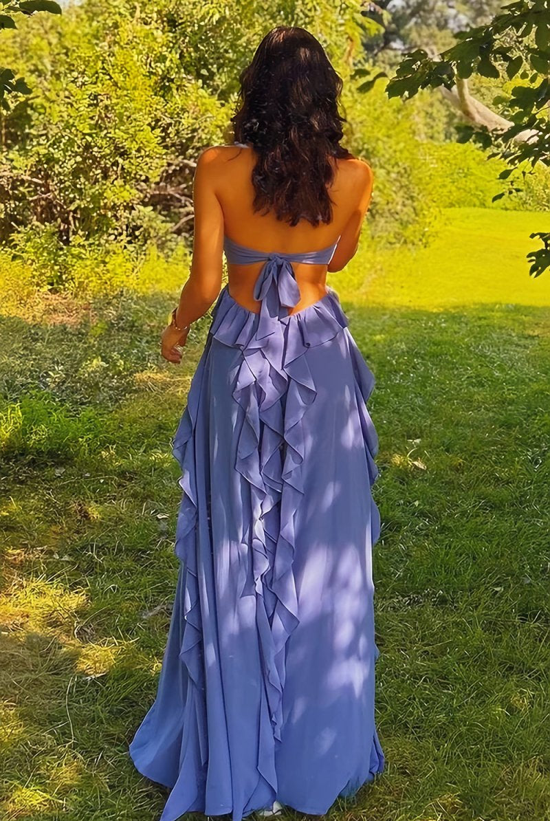 Crisia | Slate Blue - A - Line Halter Chiffon Ruffled Long Prom Dresses With Cut Out - KissProm