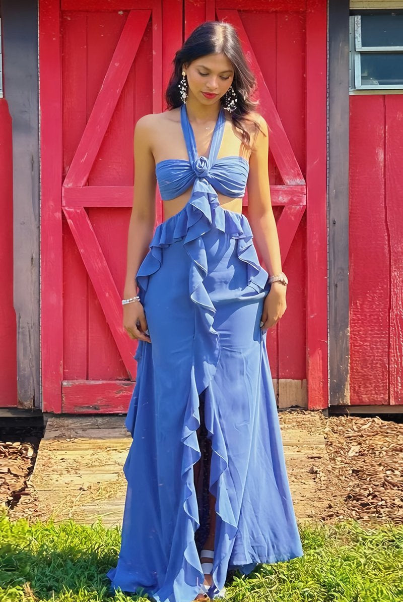 Crisia | Slate Blue - A - Line Halter Chiffon Ruffled Long Prom Dresses With Cut Out - KissProm