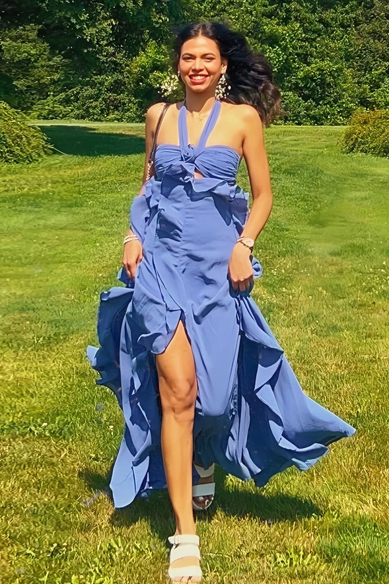 Crisia | Slate Blue - A - Line Halter Chiffon Ruffled Long Prom Dresses With Cut Out - KissProm