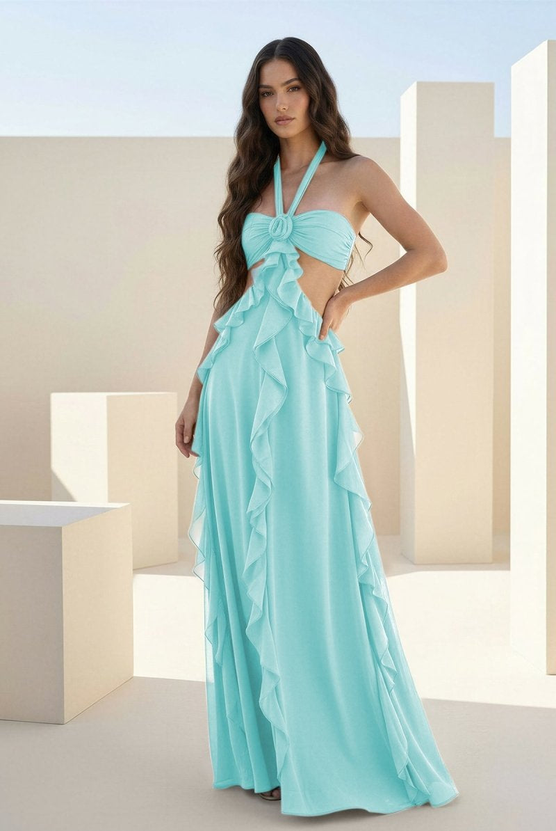 Crisia | Slate Blue - A - Line Halter Chiffon Ruffled Long Prom Dresses With Cut Out - KissProm