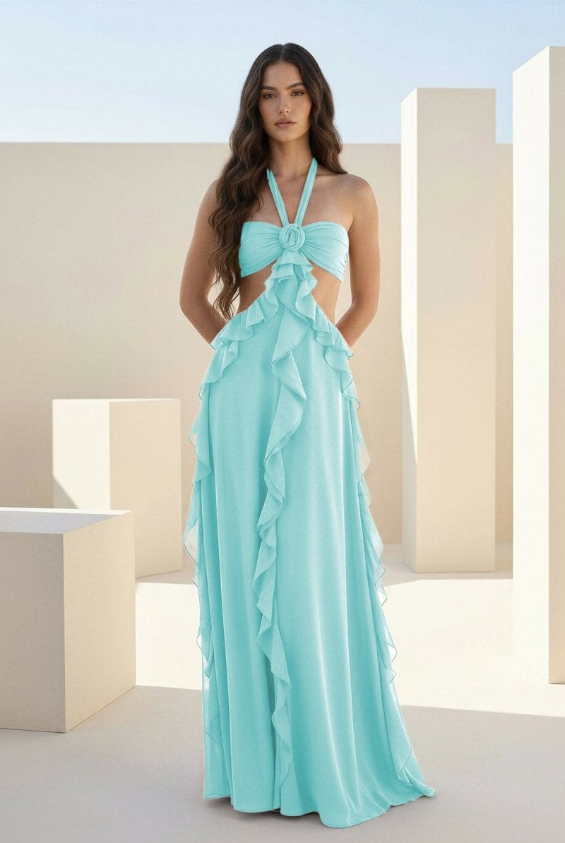 Crisia | Slate Blue - A - Line Halter Chiffon Ruffled Long Prom Dresses With Cut Out - KissProm
