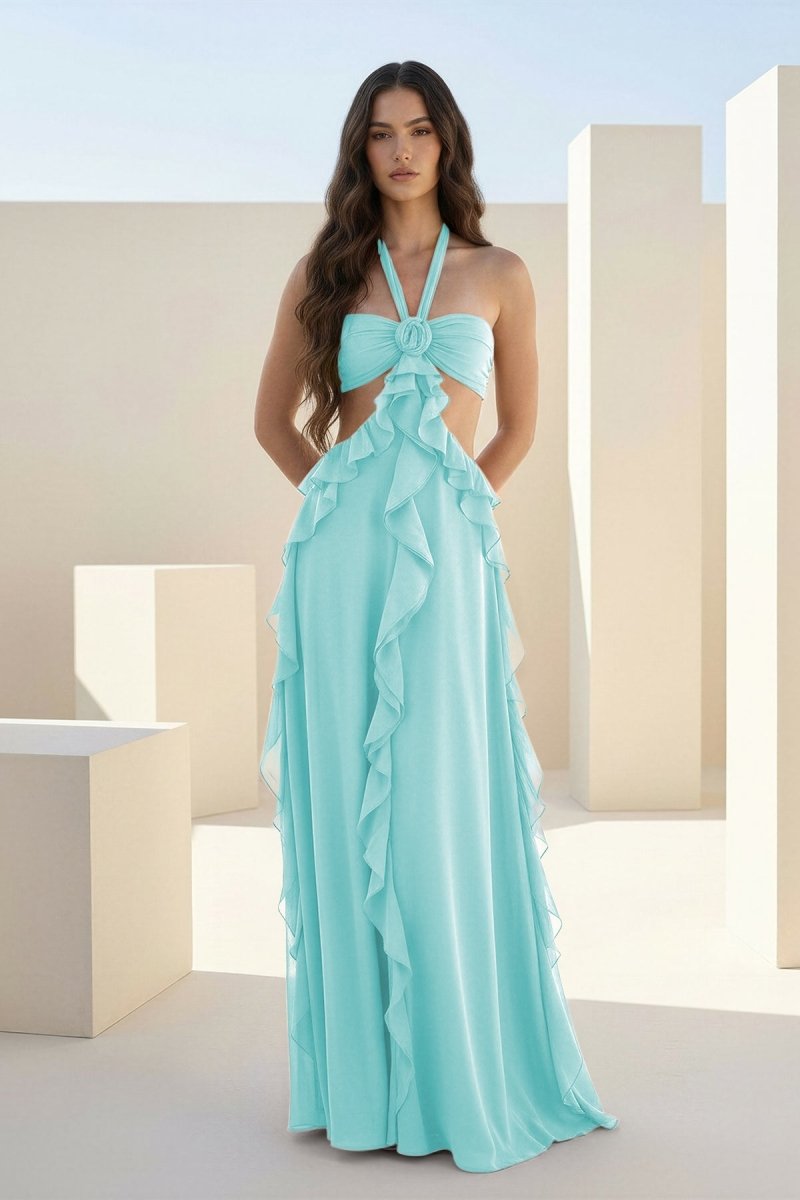 Crisia | Slate Blue - A - Line Halter Chiffon Ruffled Long Prom Dresses With Cut Out - KissProm