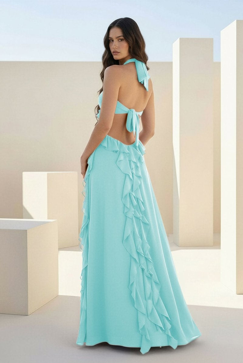 Crisia | Slate Blue - A - Line Halter Chiffon Ruffled Long Prom Dresses With Cut Out - KissProm