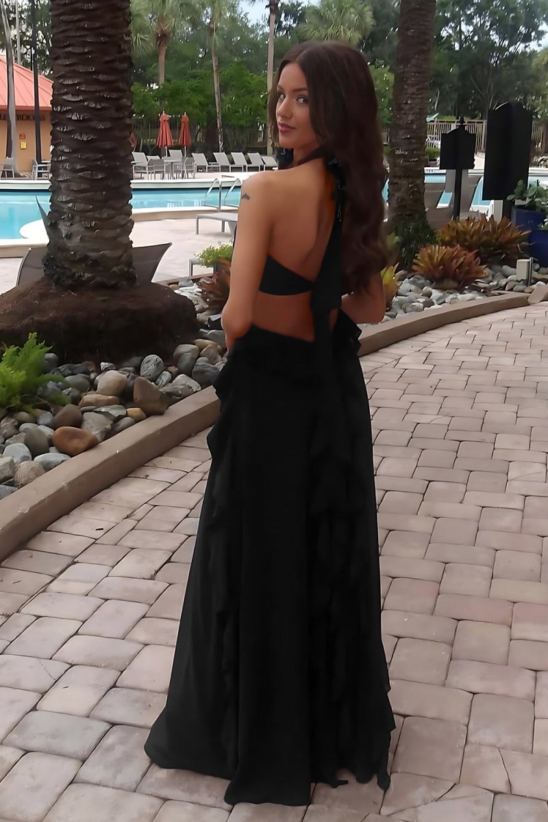 Crisia | Slate Blue - A - Line Halter Chiffon Ruffled Long Prom Dresses With Cut Out - KissProm