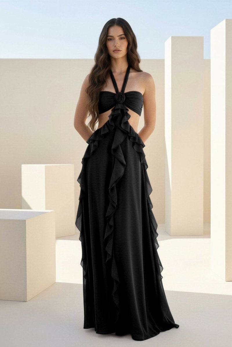 Crisia | Slate Blue - A - Line Halter Chiffon Ruffled Long Prom Dresses With Cut Out - KissProm