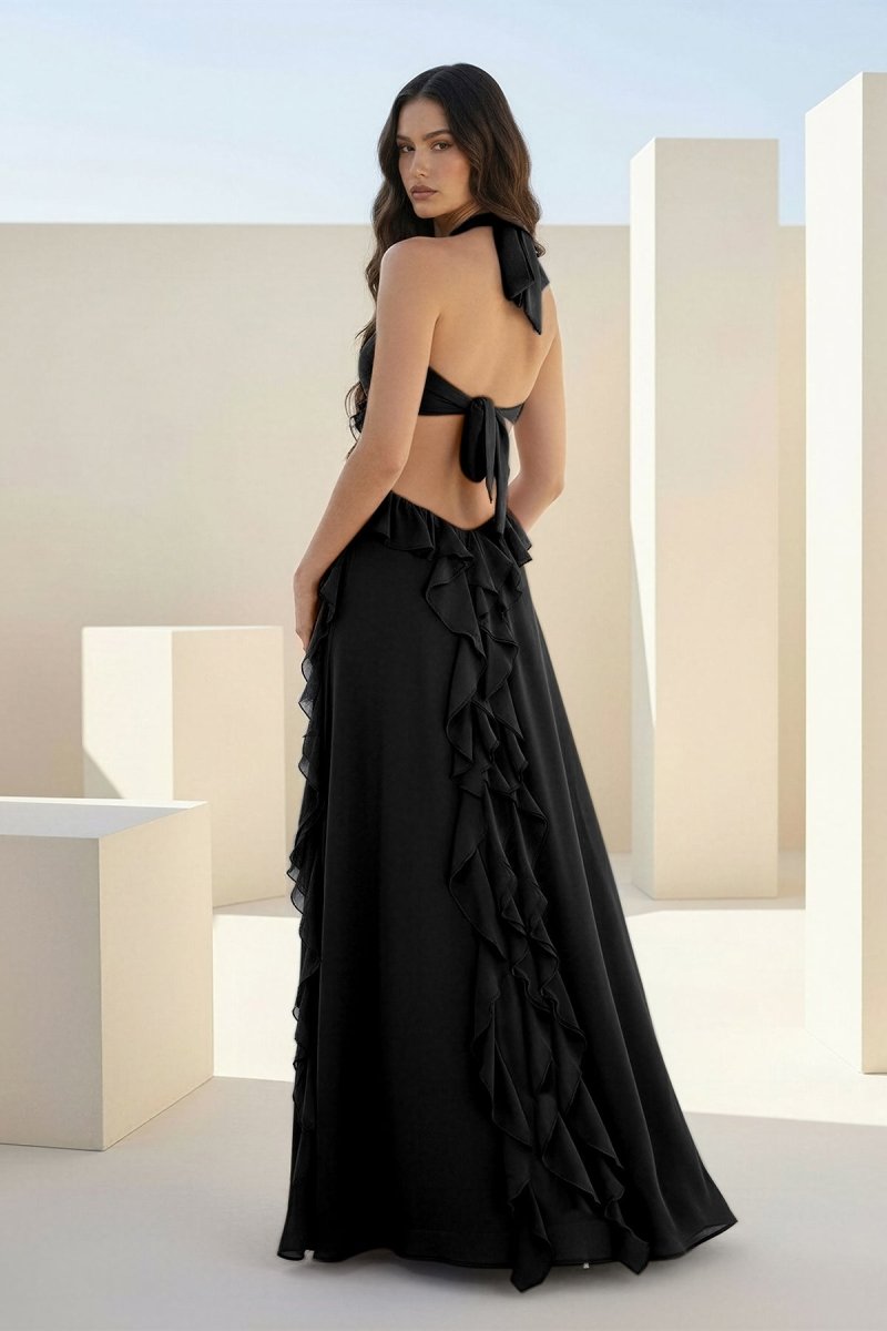 Crisia | Slate Blue - A - Line Halter Chiffon Ruffled Long Prom Dresses With Cut Out - KissProm