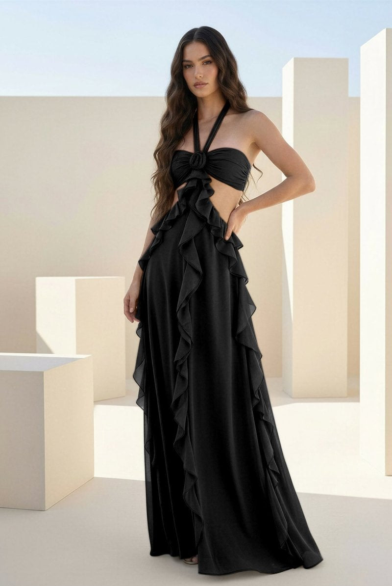 Crisia | Slate Blue - A - Line Halter Chiffon Ruffled Long Prom Dresses With Cut Out - KissProm