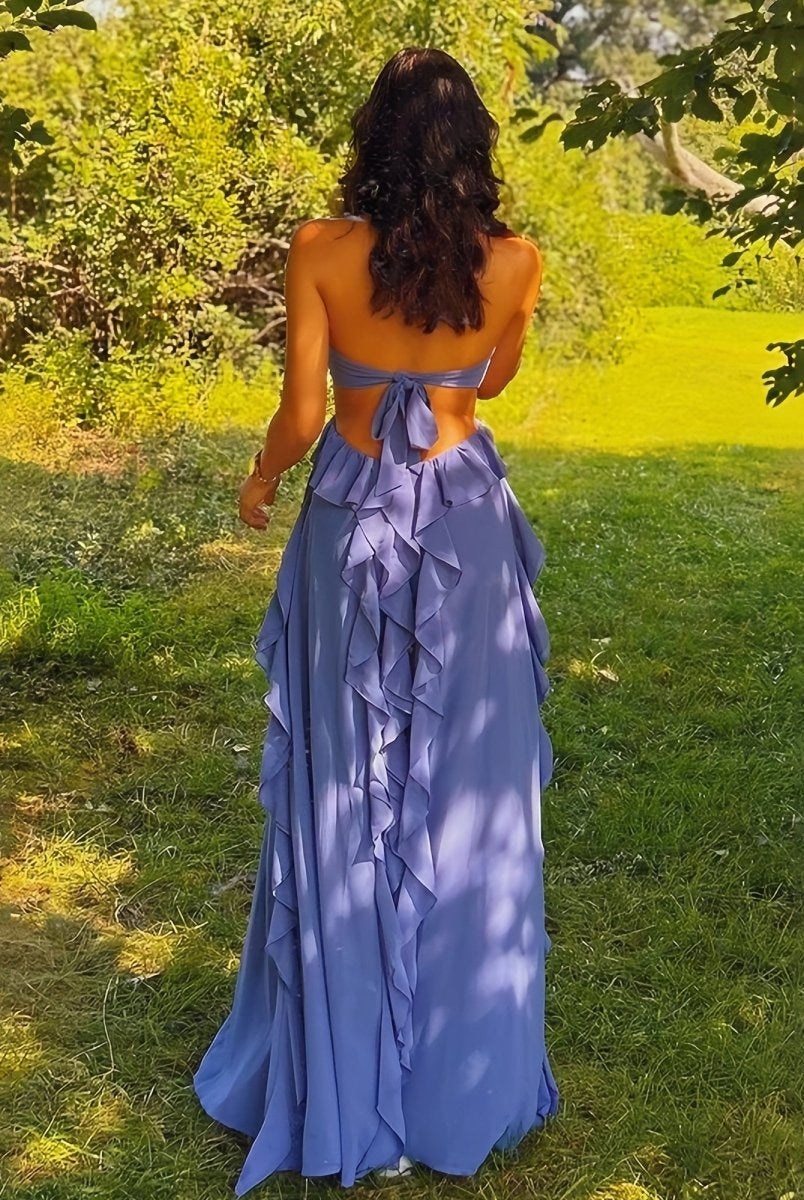 KissProm-Crisia Blue A - Line Halter Chiffon Ruffled Long Prom Dresses With Cut Out