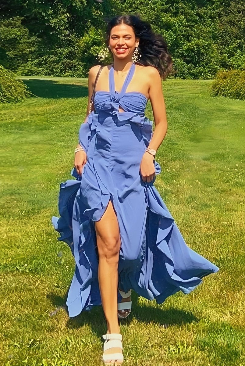 KissProm-Crisia Blue A - Line Halter Chiffon Ruffled Long Prom Dresses With Cut Out