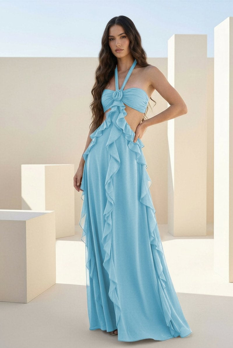 Crisia | Slate Blue - A - Line Halter Chiffon Ruffled Long Prom Dresses With Cut Out - KissProm