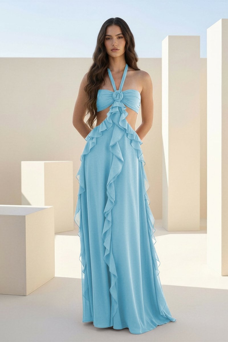 Crisia | Slate Blue - A - Line Halter Chiffon Ruffled Long Prom Dresses With Cut Out - KissProm