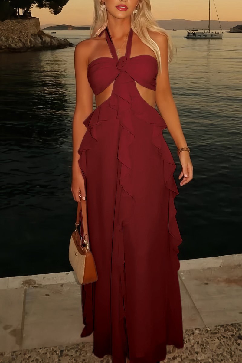 Crisia | Slate Blue - A - Line Halter Chiffon Ruffled Long Prom Dresses With Cut Out - KissProm