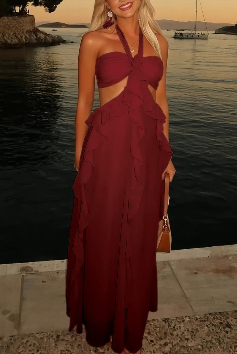 Crisia | Slate Blue - A - Line Halter Chiffon Ruffled Long Prom Dresses With Cut Out - KissProm