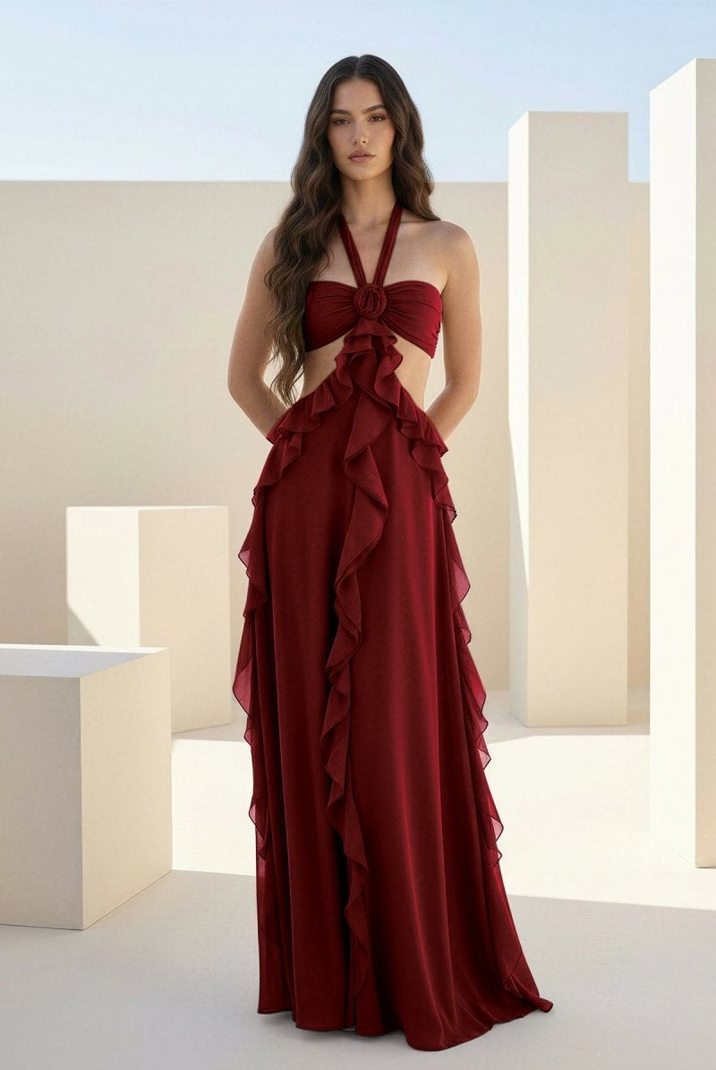 Crisia | Slate Blue - A - Line Halter Chiffon Ruffled Long Prom Dresses With Cut Out - KissProm