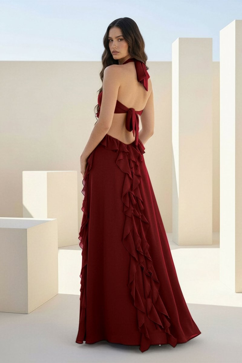 Crisia | Slate Blue - A - Line Halter Chiffon Ruffled Long Prom Dresses With Cut Out - KissProm