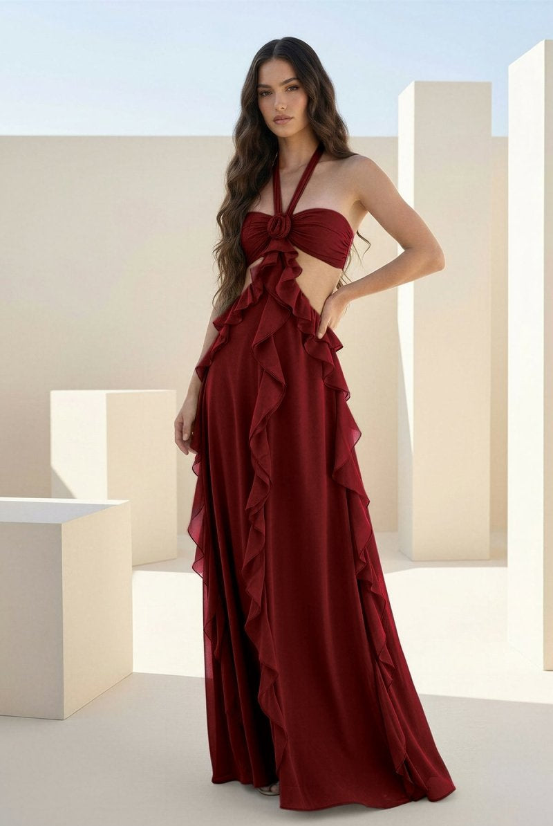 Crisia | Slate Blue - A - Line Halter Chiffon Ruffled Long Prom Dresses With Cut Out - KissProm