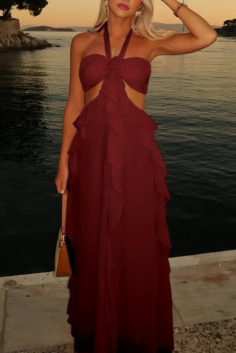 Crisia | Slate Blue - A - Line Halter Chiffon Ruffled Long Prom Dresses With Cut Out - KissProm