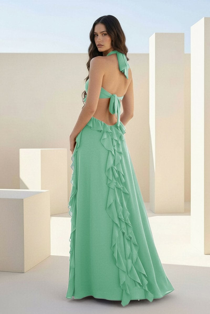 Crisia | Slate Blue - A - Line Halter Chiffon Ruffled Long Prom Dresses With Cut Out - KissProm