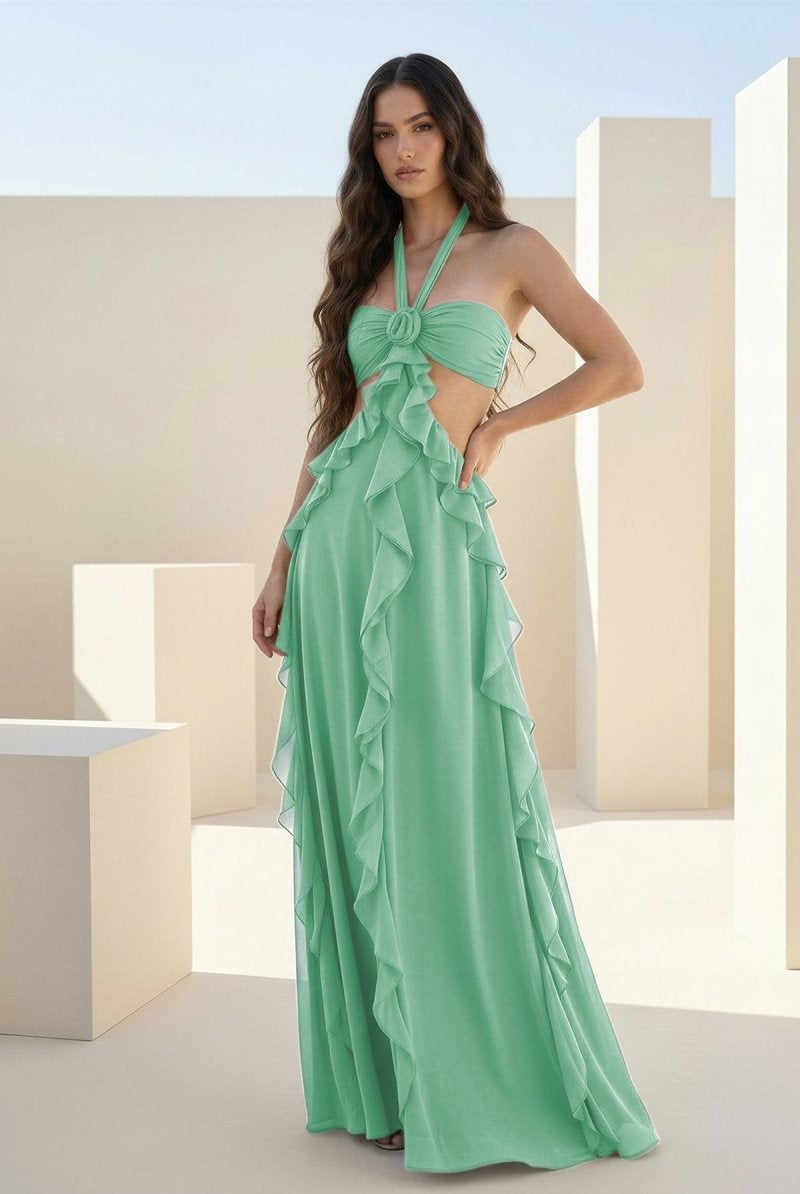 Crisia | Slate Blue - A - Line Halter Chiffon Ruffled Long Prom Dresses With Cut Out - KissProm