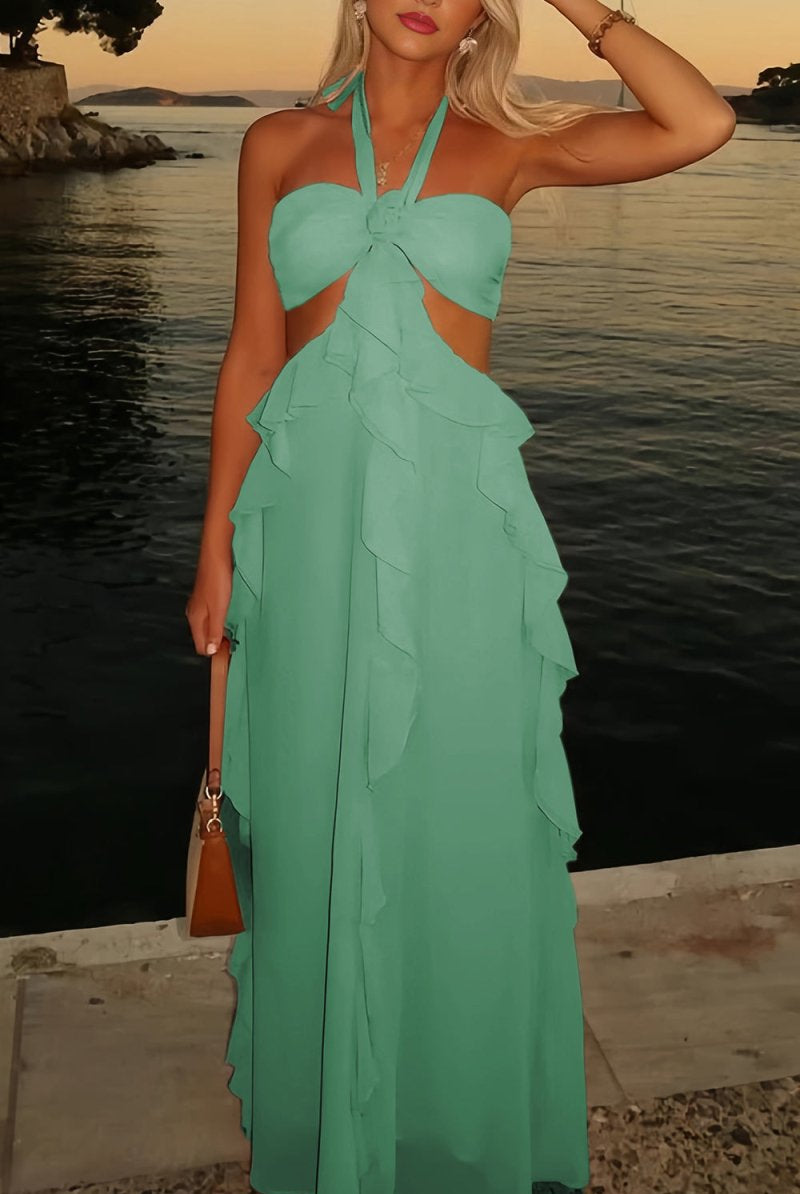 Crisia | Slate Blue - A - Line Halter Chiffon Ruffled Long Prom Dresses With Cut Out - KissProm