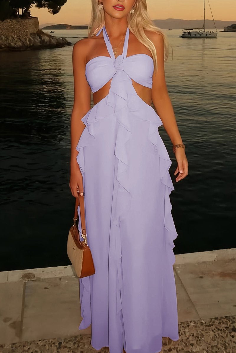 Crisia | Slate Blue - A - Line Halter Chiffon Ruffled Long Prom Dresses With Cut Out - KissProm