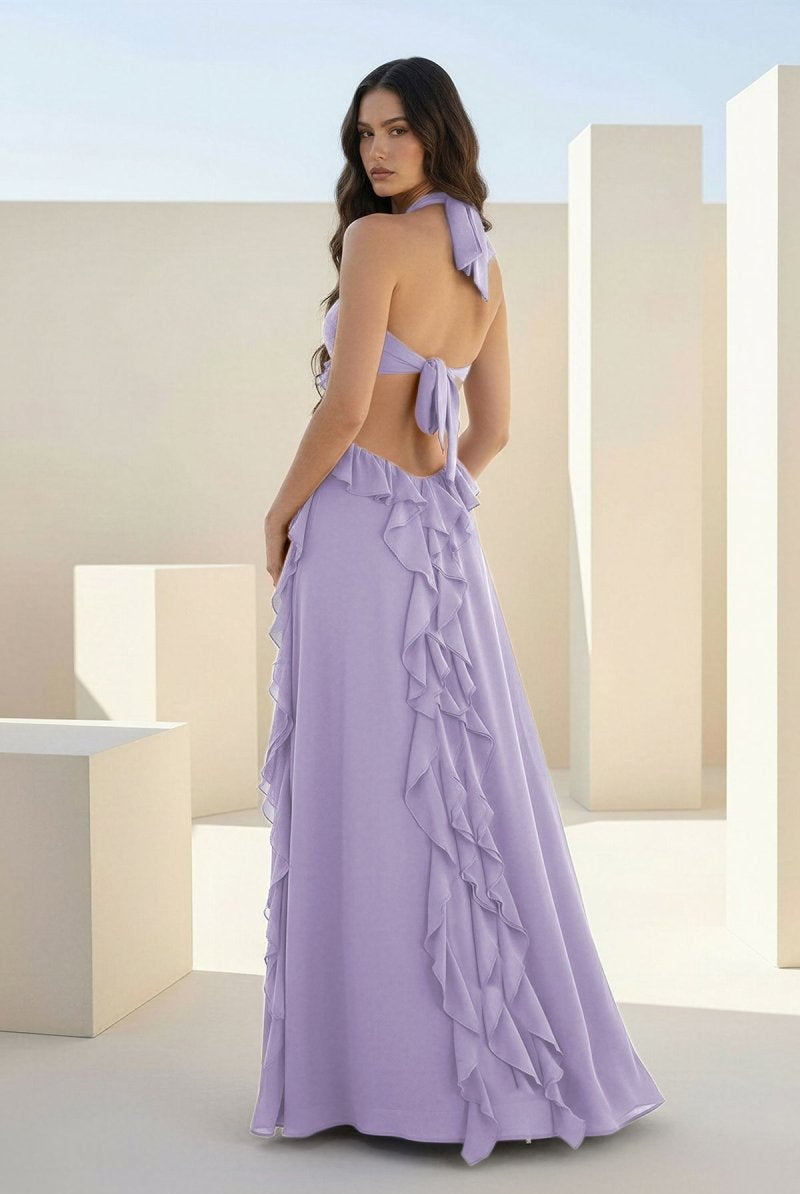 Crisia | Slate Blue - A - Line Halter Chiffon Ruffled Long Prom Dresses With Cut Out - KissProm