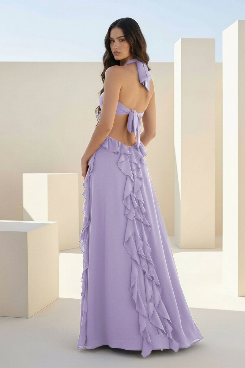 Crisia | Slate Blue - A - Line Halter Chiffon Ruffled Long Prom Dresses With Cut Out - KissProm