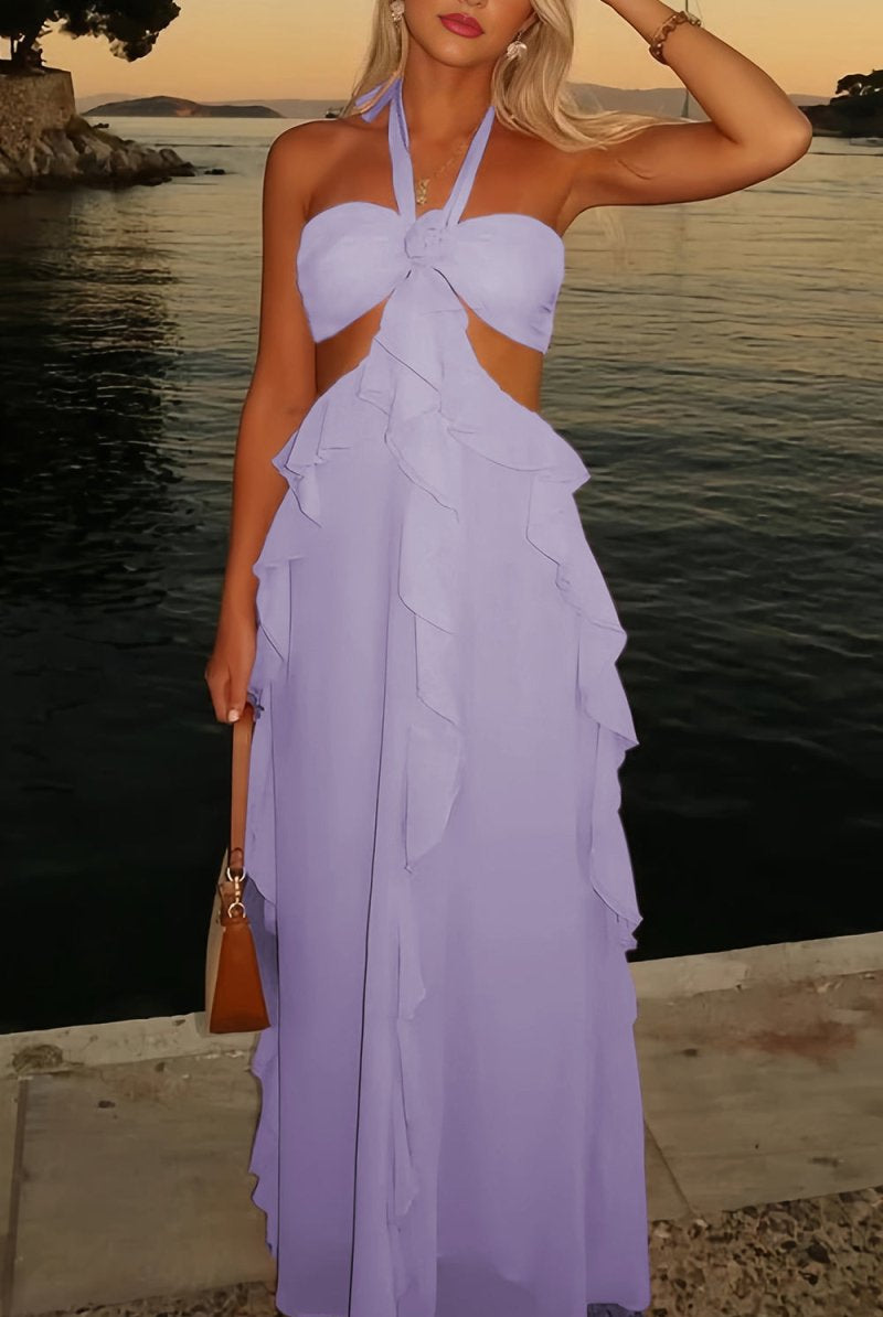 Crisia | Slate Blue - A - Line Halter Chiffon Ruffled Long Prom Dresses With Cut Out - KissProm