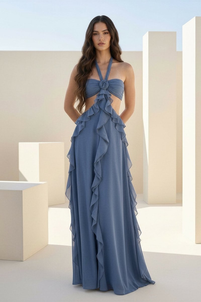 Crisia | Slate Blue - A - Line Halter Chiffon Ruffled Long Prom Dresses With Cut Out - KissProm
