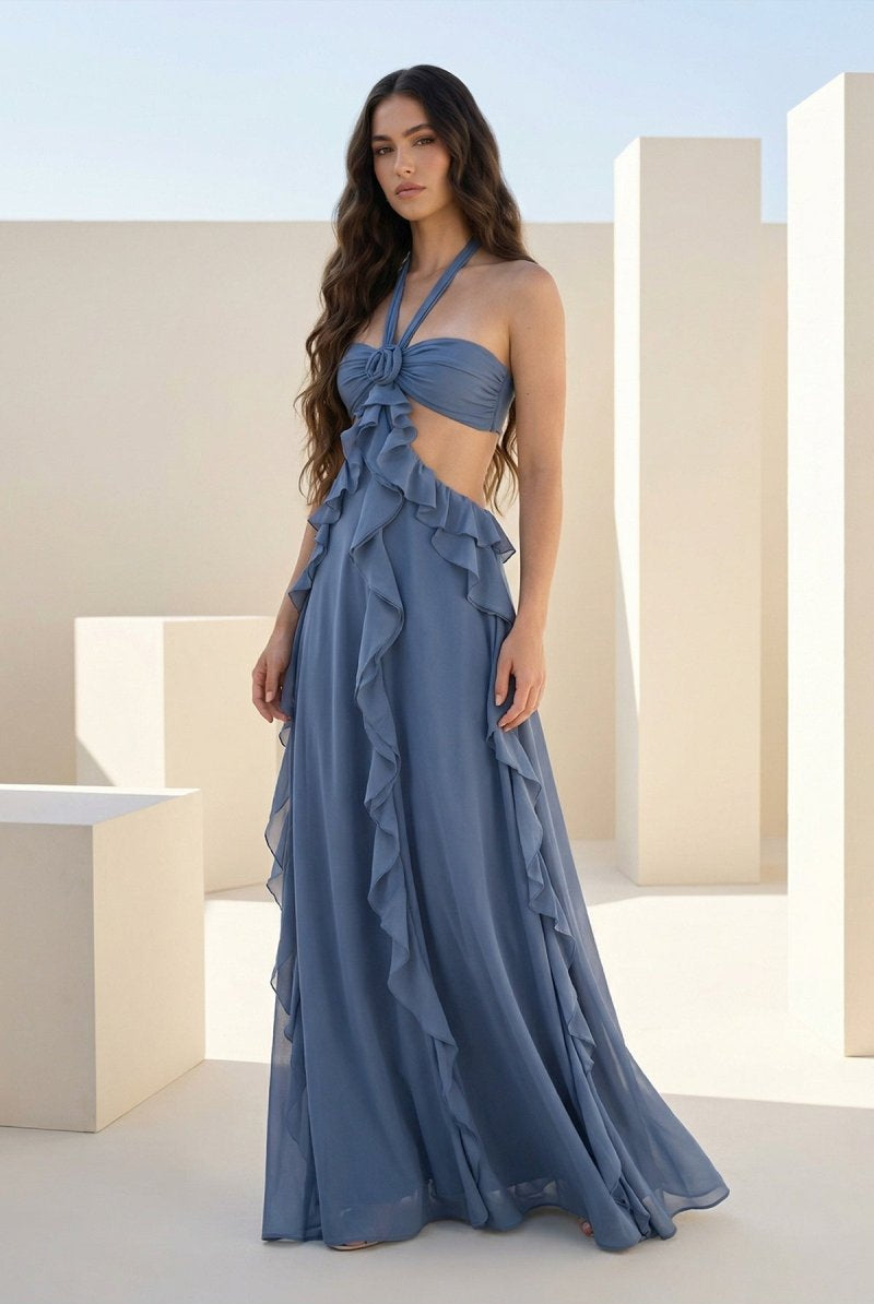 Crisia | Slate Blue - A - Line Halter Chiffon Ruffled Long Prom Dresses With Cut Out - KissProm