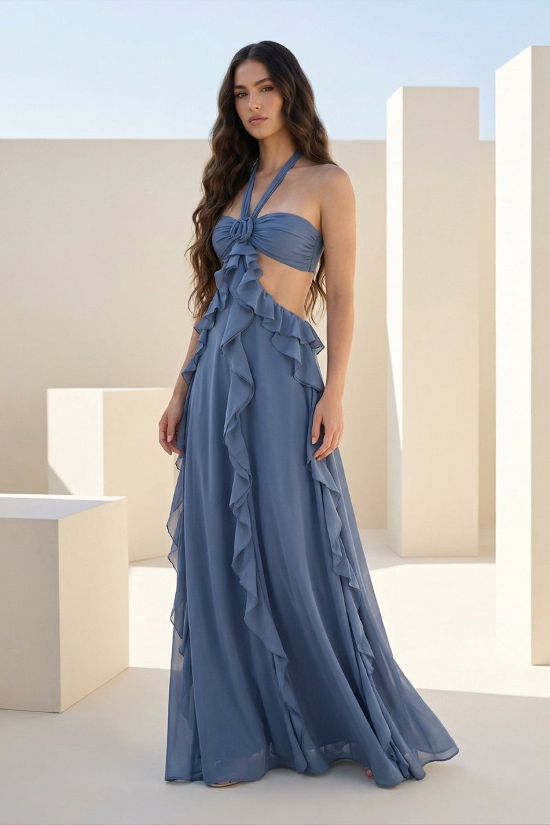 Crisia | Slate Blue - A - Line Halter Chiffon Ruffled Long Prom Dresses With Cut Out - KissProm