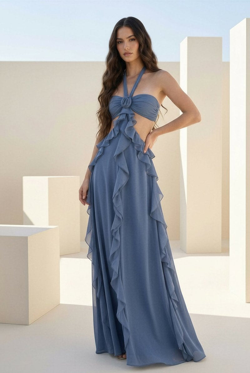 Crisia | Slate Blue - A - Line Halter Chiffon Ruffled Long Prom Dresses With Cut Out - KissProm