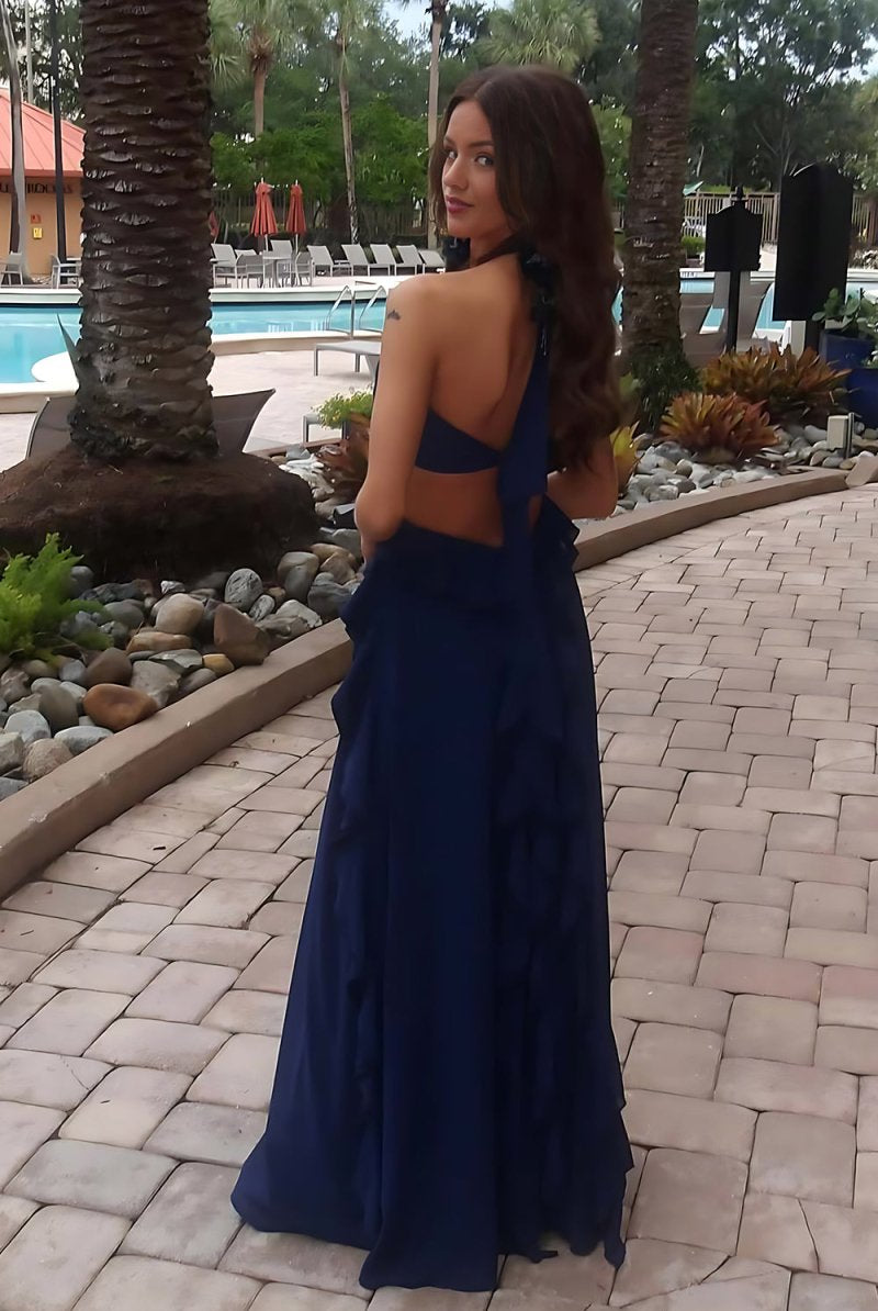 KissProm-Crisia Navy Blue A - Line Halter Chiffon Ruffled Long Prom Dresses With Cut Out