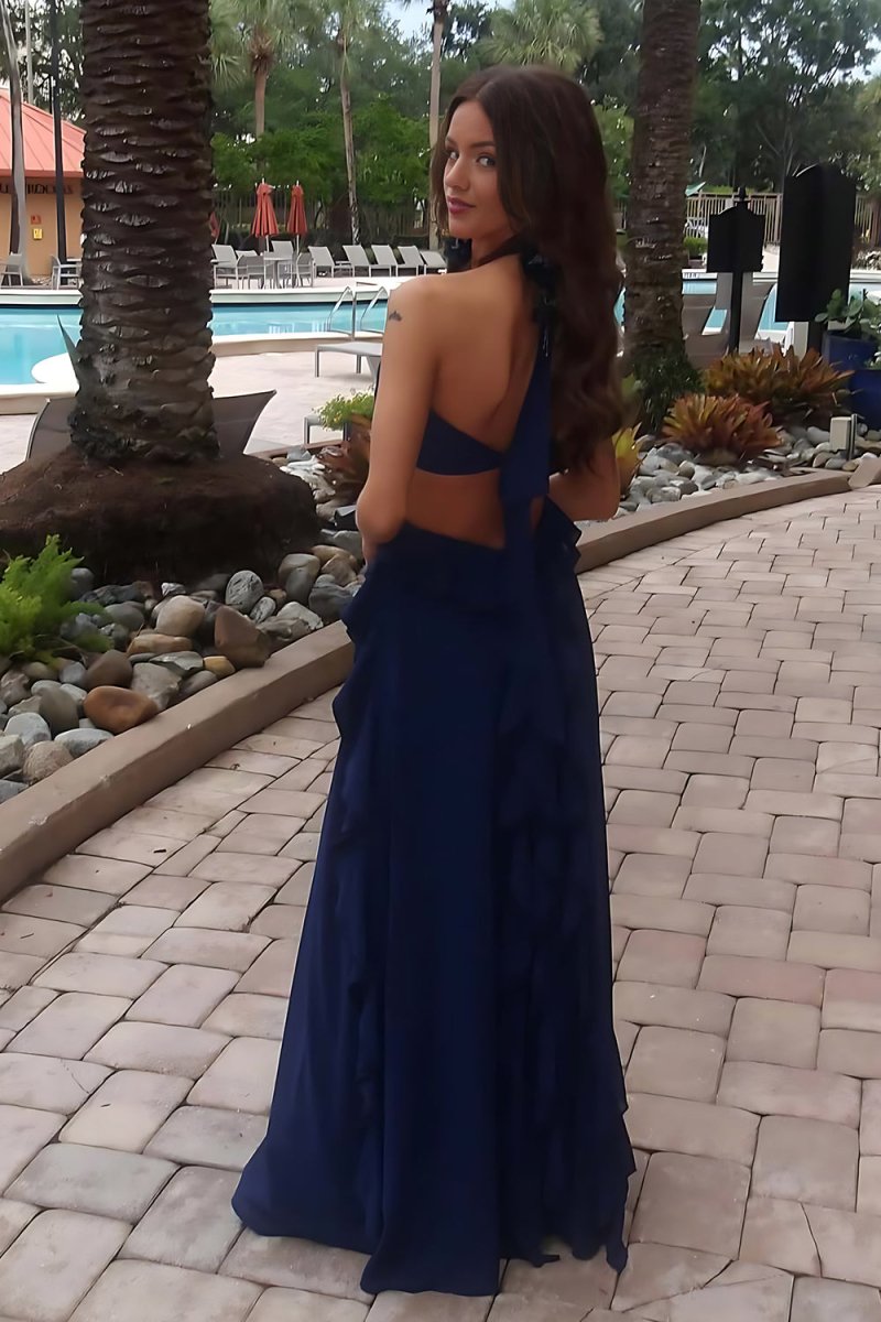 KissProm-Crisia Navy Blue A - Line Halter Chiffon Ruffled Long Prom Dresses With Cut Out