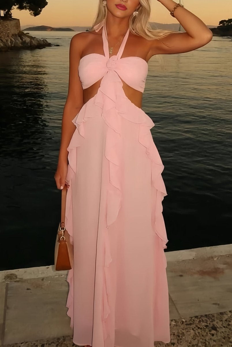 KissProm-Crisia Pink A - Line Halter Chiffon Ruffled Long Prom Dresses With Cut Out