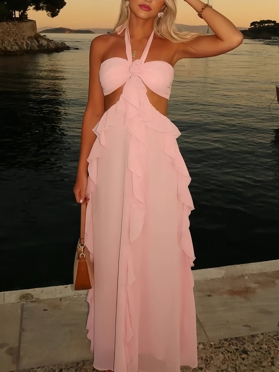 KissProm-Crisia Pink A - Line Halter Chiffon Ruffled Long Prom Dresses With Cut Out