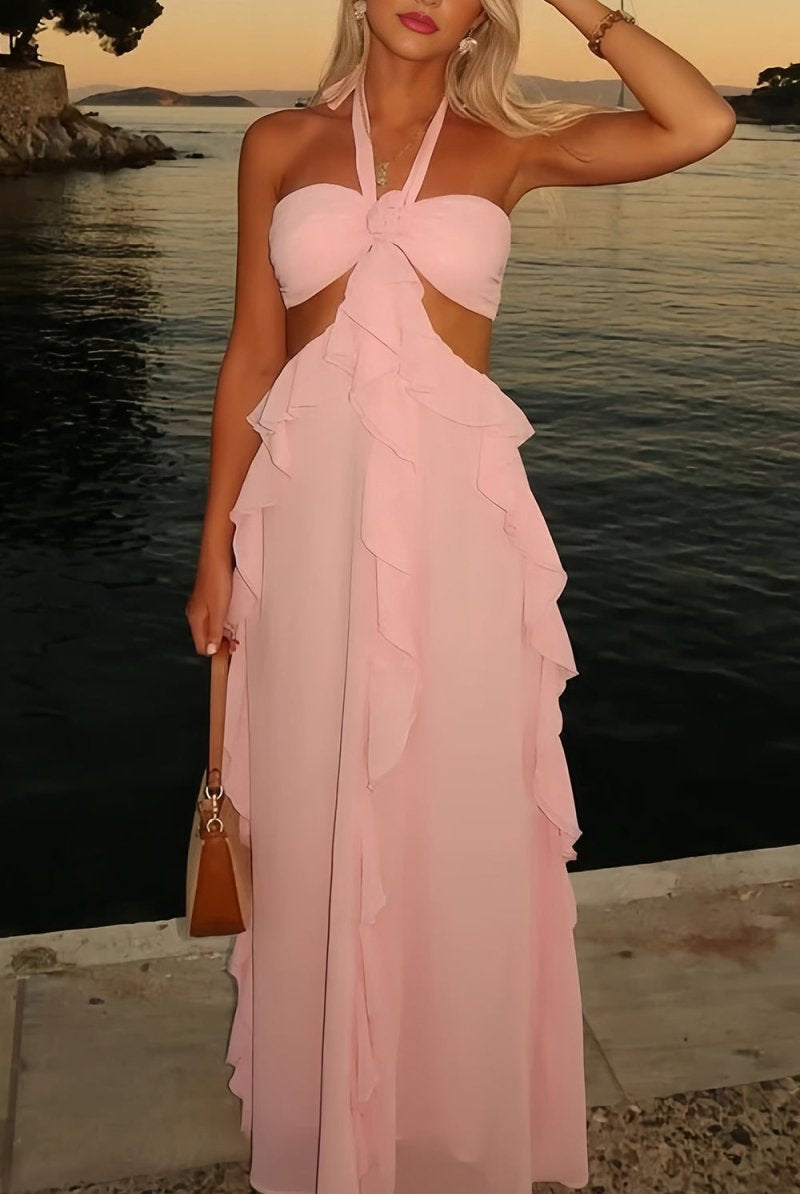 Crisia | Slate Blue - A - Line Halter Chiffon Ruffled Long Prom Dresses With Cut Out - KissProm