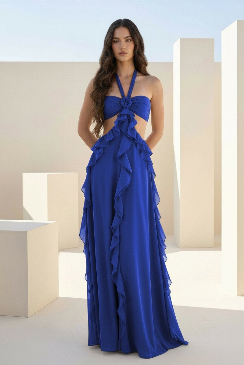 Crisia | Slate Blue - A - Line Halter Chiffon Ruffled Long Prom Dresses With Cut Out - KissProm