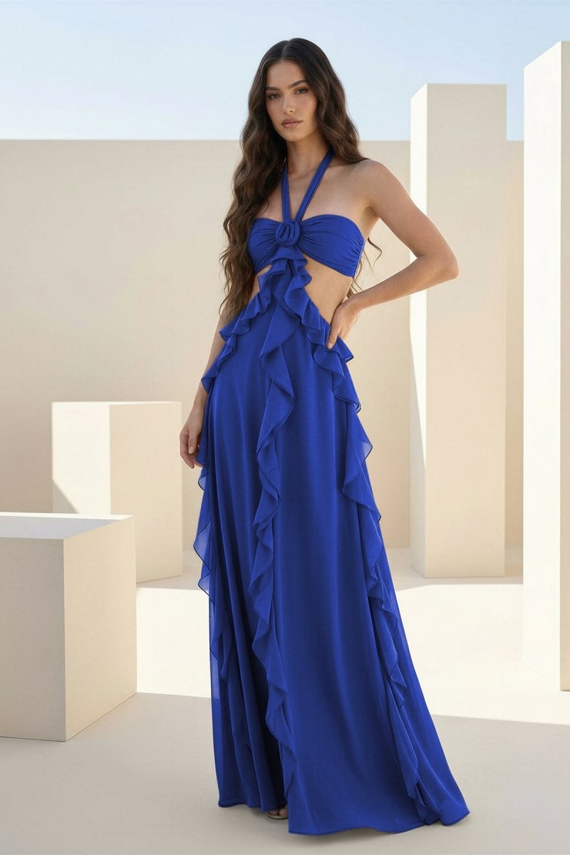 Crisia | Slate Blue - A - Line Halter Chiffon Ruffled Long Prom Dresses With Cut Out - KissProm