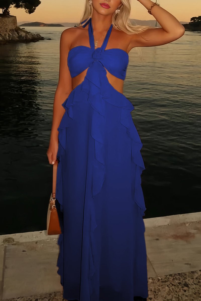 Crisia | Slate Blue - A - Line Halter Chiffon Ruffled Long Prom Dresses With Cut Out - KissProm