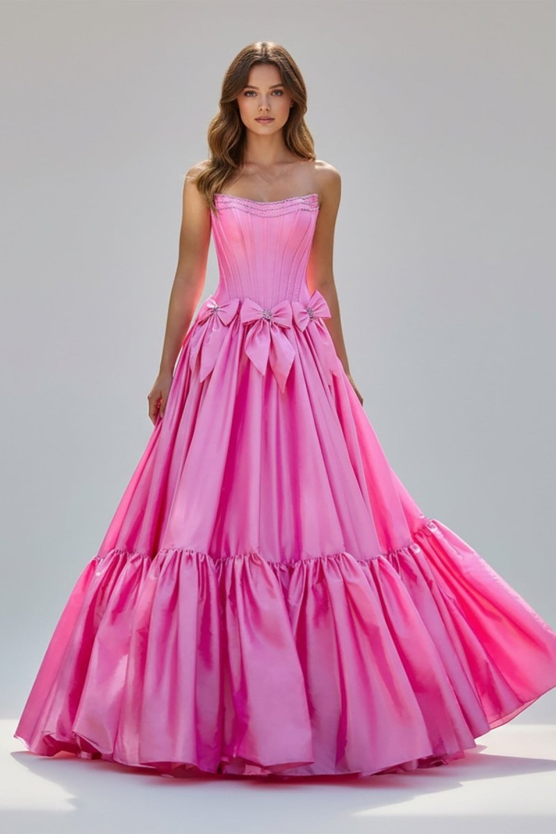 A-Line Black Strapless Satin Long Prom Dresses with Bow Knots, Black / 16 A-Line Black Strapless Satin Long Prom Dresses with Bow Knots, Black / 16
