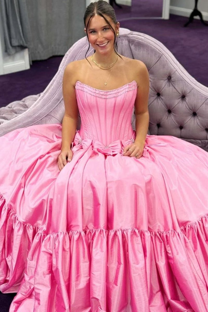 Cristal | A - Line Black Scoop Neck Satin Long Prom Dresses with Bow Knots - KissProm