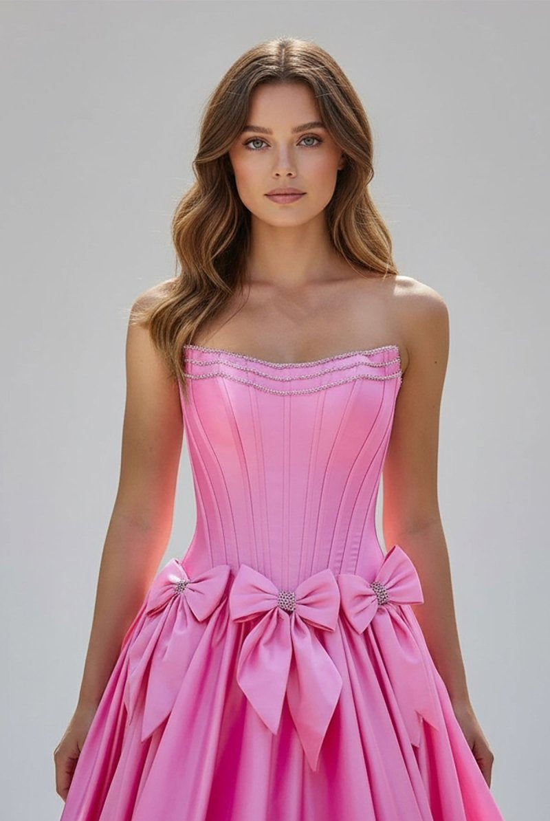 Cristal | A - Line Black Scoop Neck Satin Long Prom Dresses with Bow Knots - KissProm