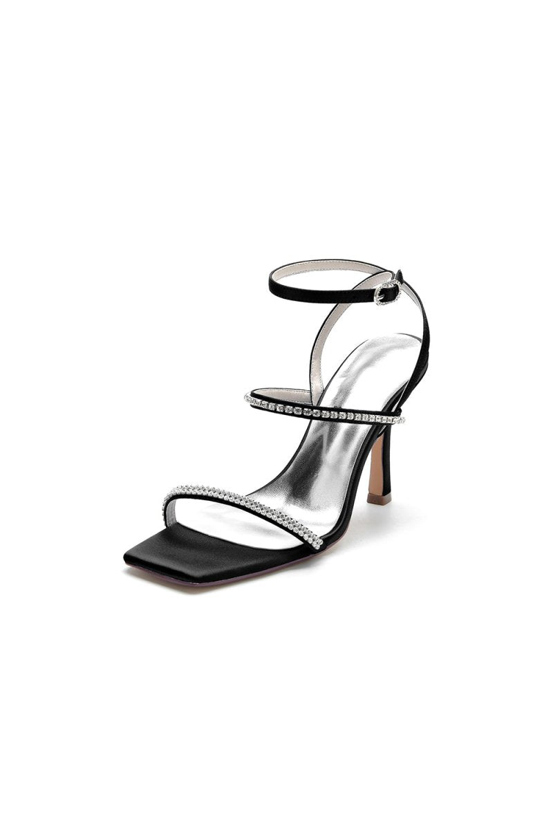 Crystal Cross Straps Square Open Toe Chunky Heels - KissProm