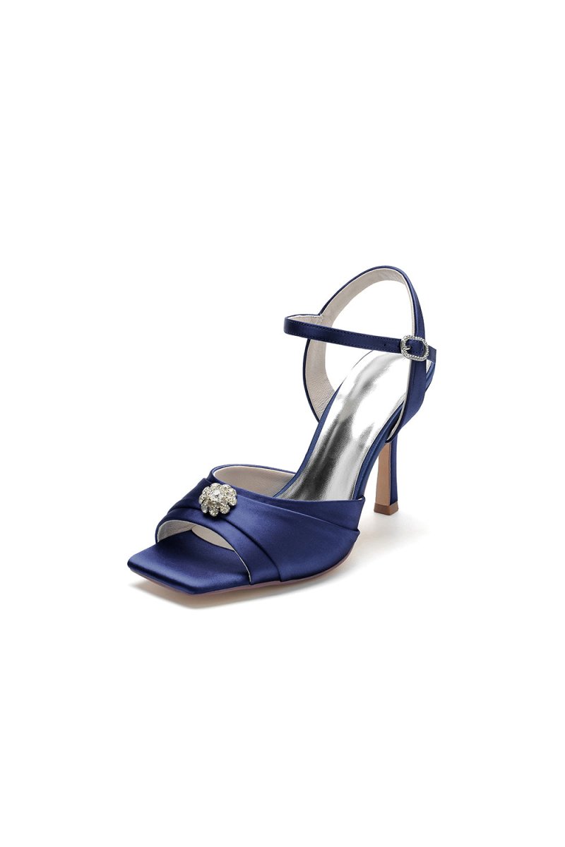 Crystal Flower Square Open Toe Cross Straps Chunky Heels - KissProm