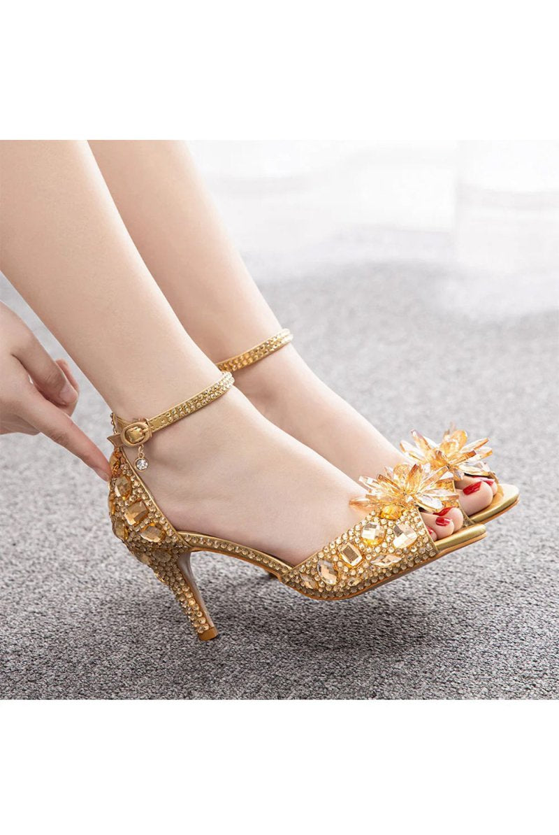 Crystal Rhinestone Decor Peep Toe Stiletto Ankle Strap High Heels - KissProm