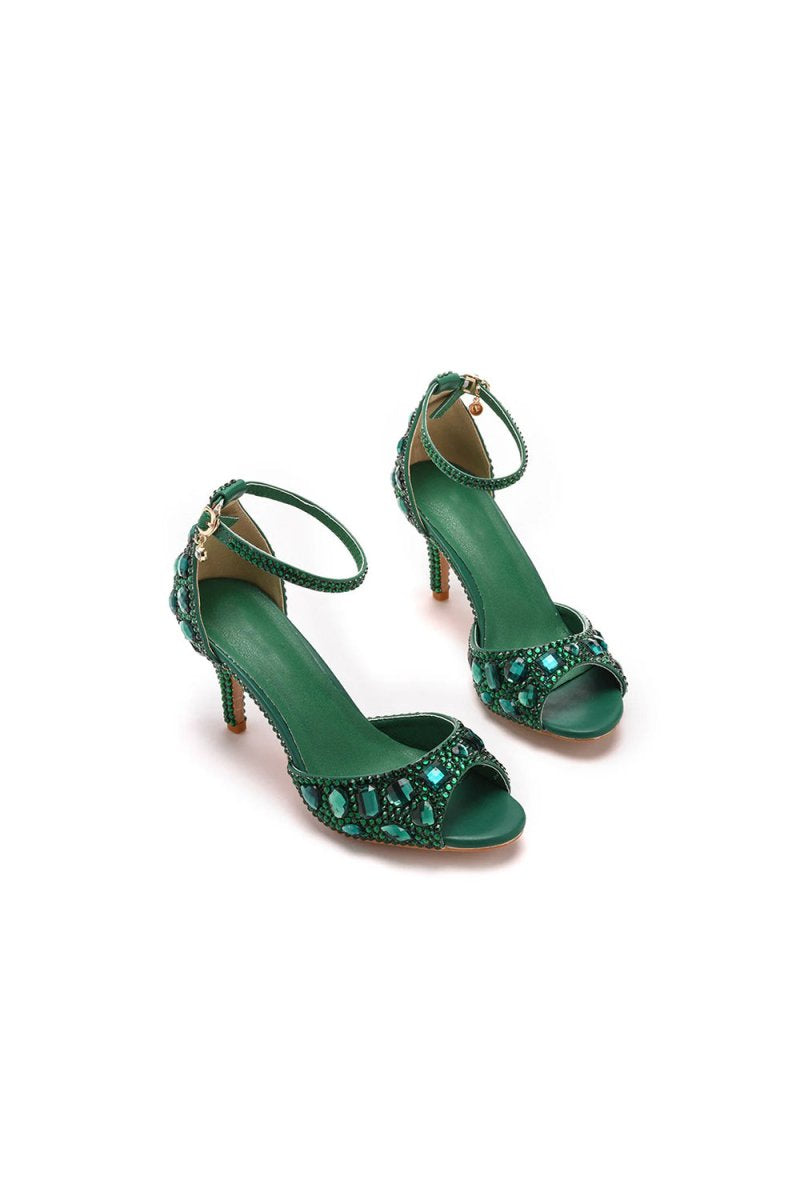 Crystal Rhinestone Peep Toe High Heels Ankle Strap Sandals - KissProm