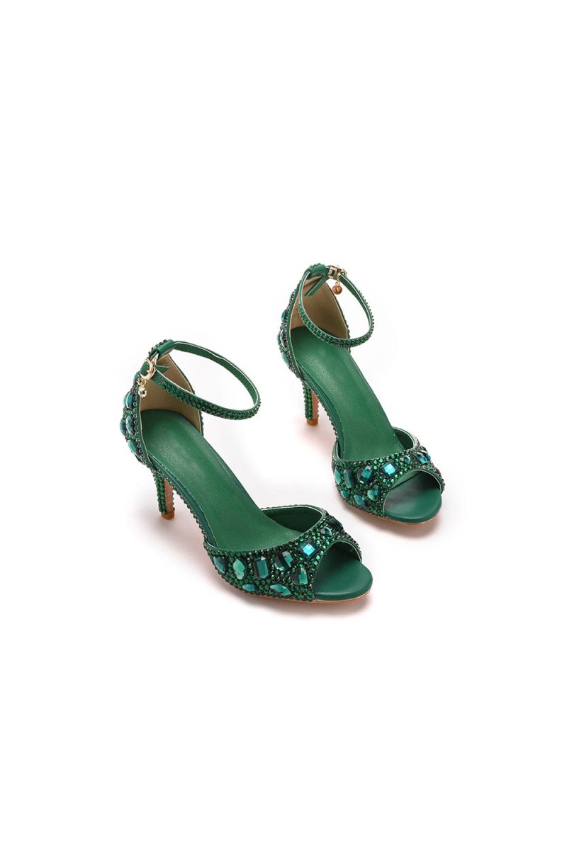 Crystal Rhinestone Peep Toe High Heels Ankle Strap Sandals - KissProm