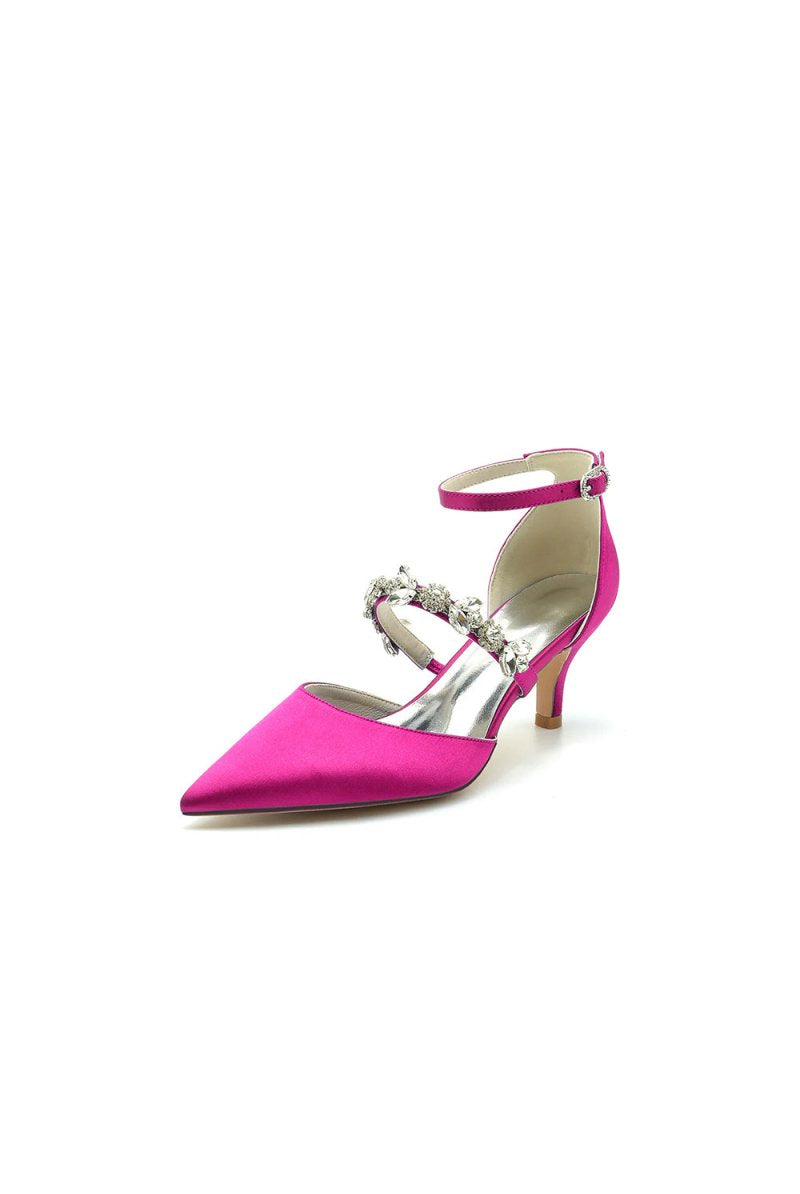 Crystal Strap Pointed Toe Satin Kitten Heels - KissProm
